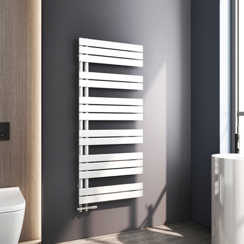 Sèche serviette 1385 x 600mm Radiateur Sèche-serviette eau Chaude Asymétrique Lames plates ouverture latérale Design Blanc 798W - Meykoers