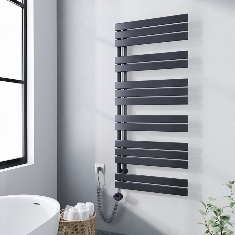 Sèche-serviette électrique 1385 x 600 mm Anthracite Radiateur sèche-Serviettes Avec 800W élément chauffant - Lames plates ouverture laterale
