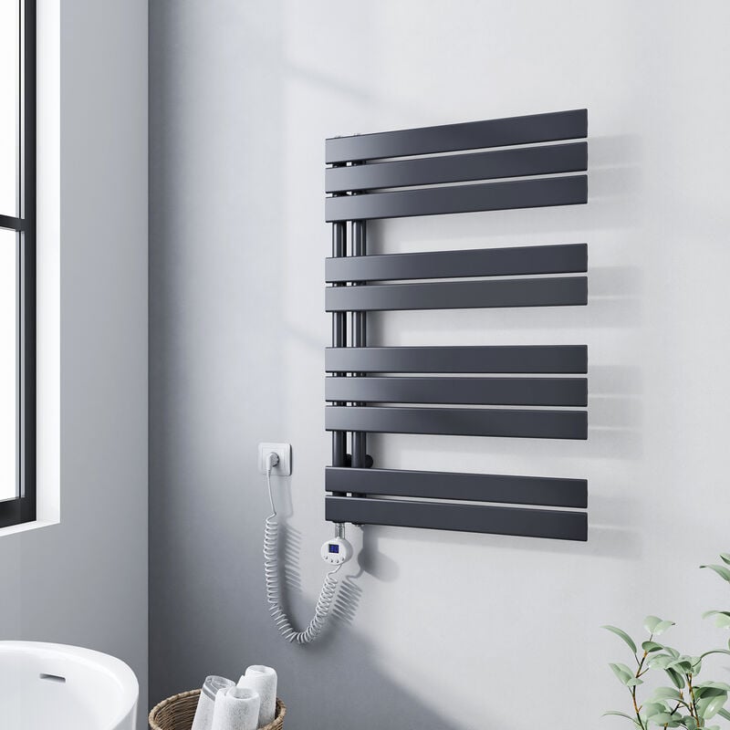 Meykoers Sèche-serviette électrique 899 x 600 mm Anthracite Radiateur sèche-Serviettes Avec 400W élément chauffant - Lames plates ouverture laterale