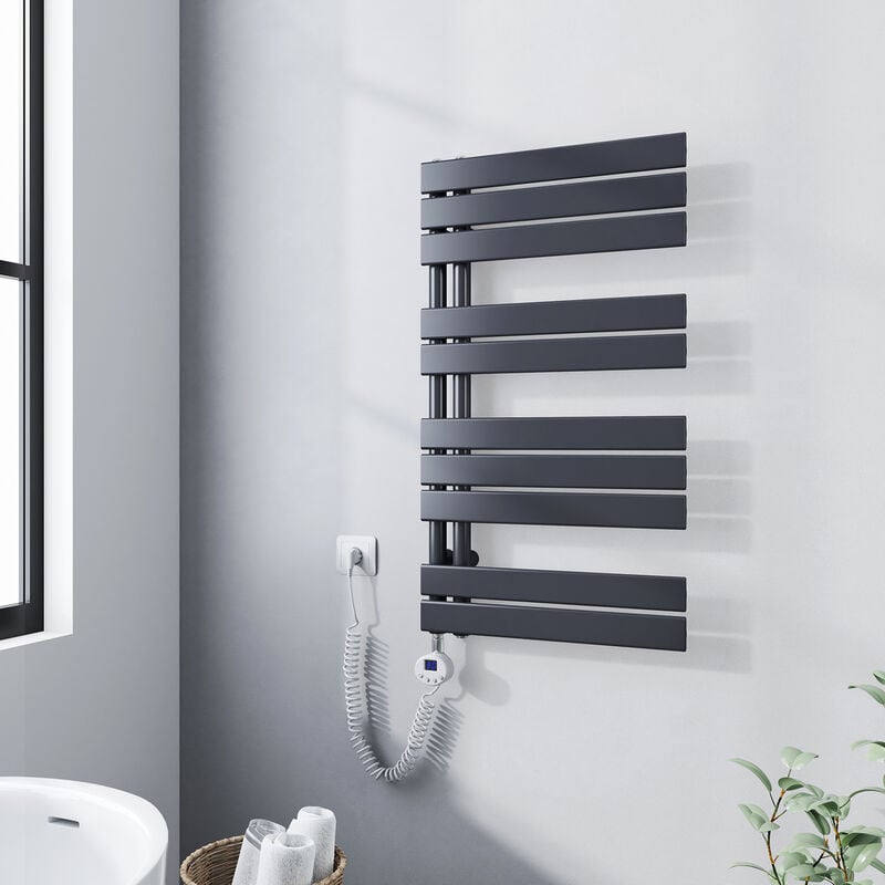 Meykoers - Sèche-serviette électrique 899 x 500 mm Anthracite Radiateur sèche-Serviettes Avec 400W élément chauffant - Lames plates ouverture laterale