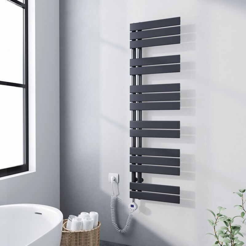 Sèche-serviette électrique 1385 x 400 mm Anthracite Radiateur sèche-Serviettes Avec 600W élément chauffant - Lames plates ouverture laterale