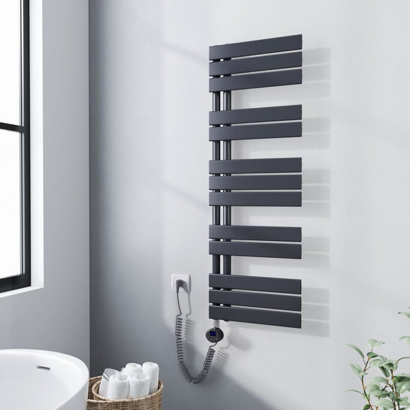 Meykoers - Sèche-serviette électrique 1176 x 400 mm Anthracite Radiateur sèche-Serviettes Avec 600W élément chauffant - Lames plates ouverture