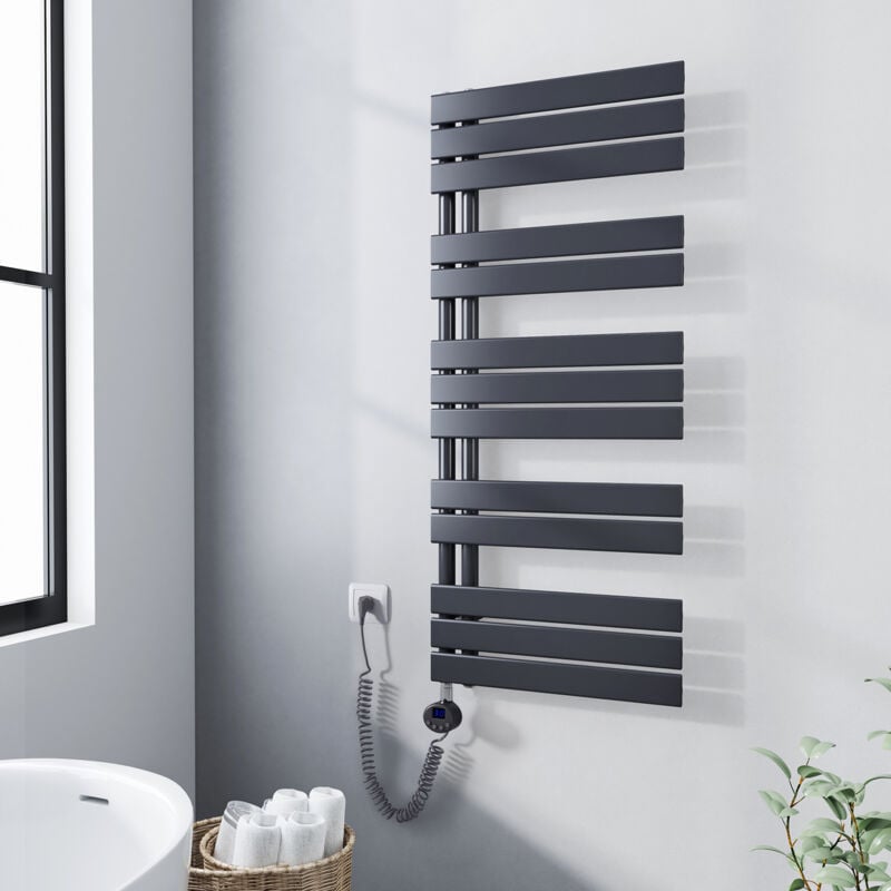 Meykoers - Sèche-serviette électrique 1176 x 500 mm Anthracite Radiateur sèche-Serviettes Avec 600W élément chauffant - Lames plates ouverture