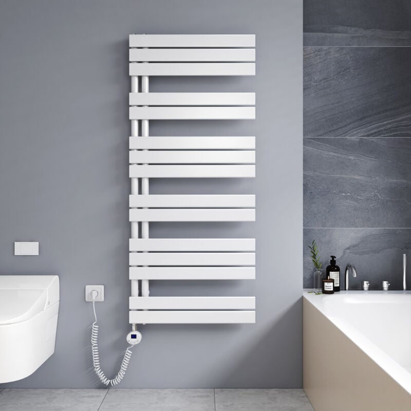 Sèche-serviette électrique 1385 x 600 mm Blanc Radiateur Lames plates sèche-Serviettes 800W - led résistances - ouverture laterale concevoir