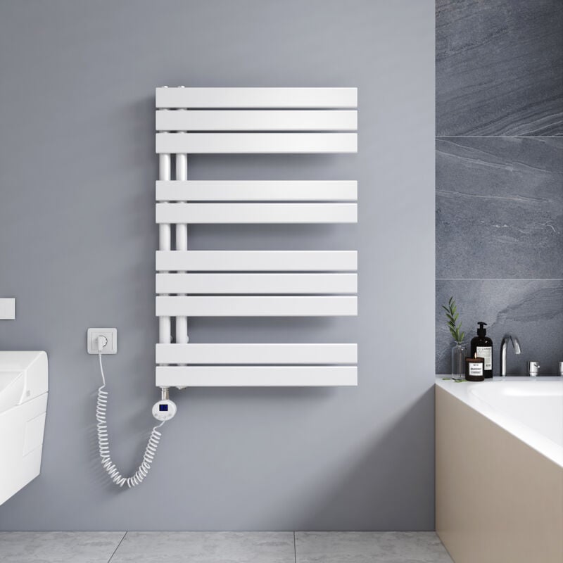 Meykoers Sèche-serviette électrique 899 x 600 mm Blanc Radiateur Lames plates sèche-Serviettes 400W - LED résistances - ouverture laterale concevoir