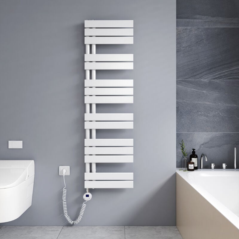 Sèche-serviette électrique 1385 x 400 mm Blanc Radiateur Lames plates sèche-Serviettes 600W - led résistances - ouverture laterale concevoir