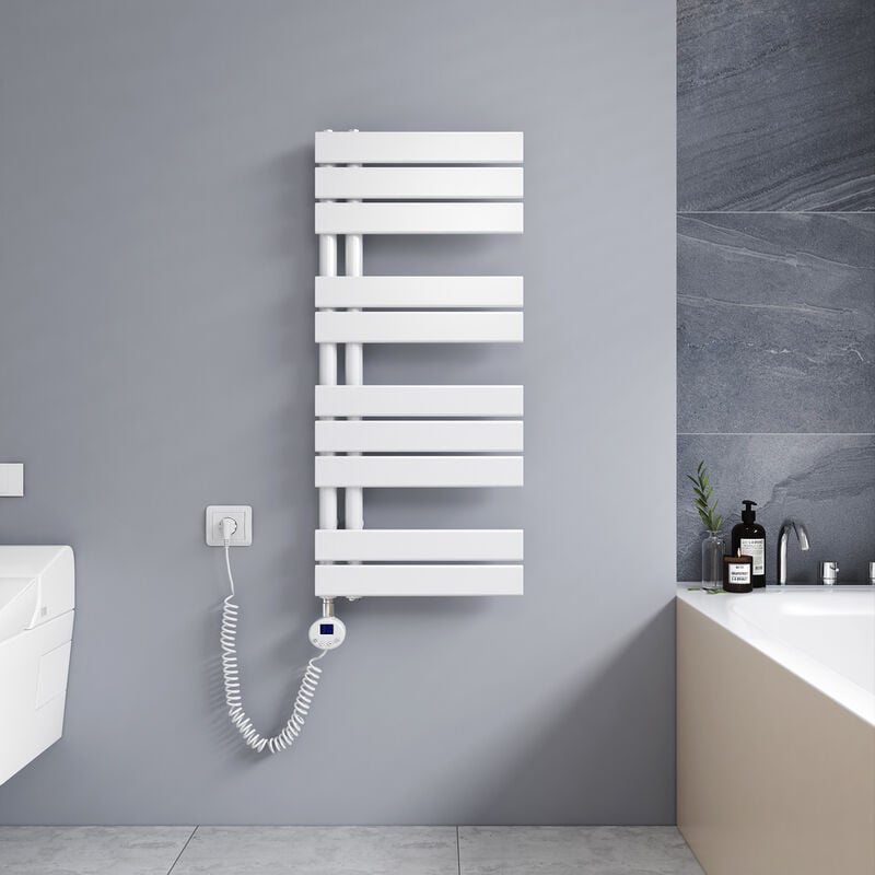 Sèche-serviette électrique 899 x 400 mm Blanc Radiateur sèche-Serviettes 400W - Affichage lcd - Lames plates ouverture laterale - Meykoers