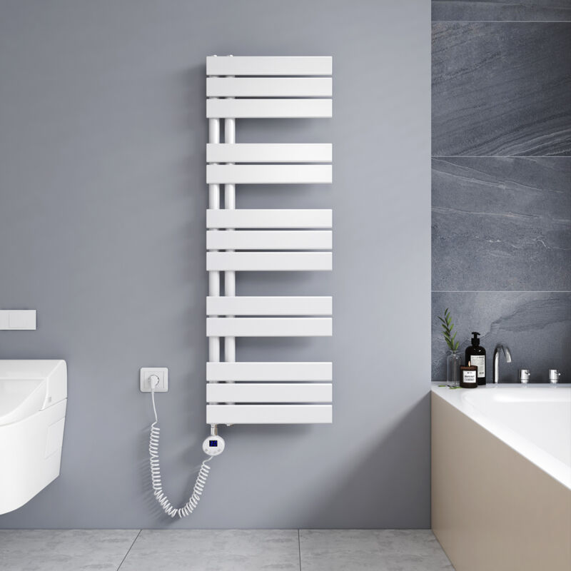 Sèche-serviette électrique 1176 x 400 mm Blanc Radiateur sèche-Serviettes 600W - Affichage lcd - Lames plates ouverture laterale - Meykoers