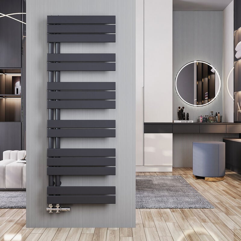 Sèche-Serviettes eau chaude 661W Anthracite Radiateur Asymétrique à latérale ouverture 1385x500mm - Meykoers