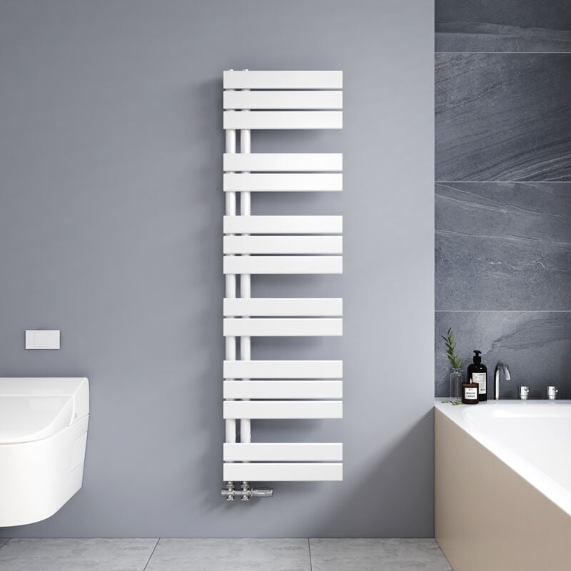 Sèche-Serviettes eau chaude Blanc Radiateur 1385x400mm Plat Asymétrique à latérale ouverture 570W - Meykoers