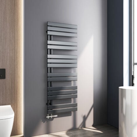 Meykoers Sèche serviette 1385 x 500mm Radiateur Sèche-serviette eau Chaude Asymétrique Lames plates ouverture latérale Design Anthracite 694W