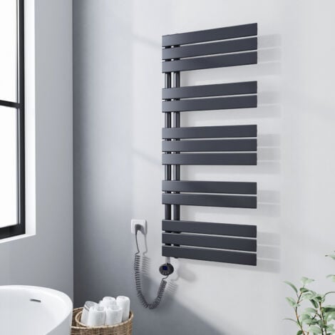 Meykoers Sèche-serviette électrique 1176 x 500 mm Anthracite Radiateur sèche-Serviettes Avec 600W élément chauffant - Lames plates ouverture laterale