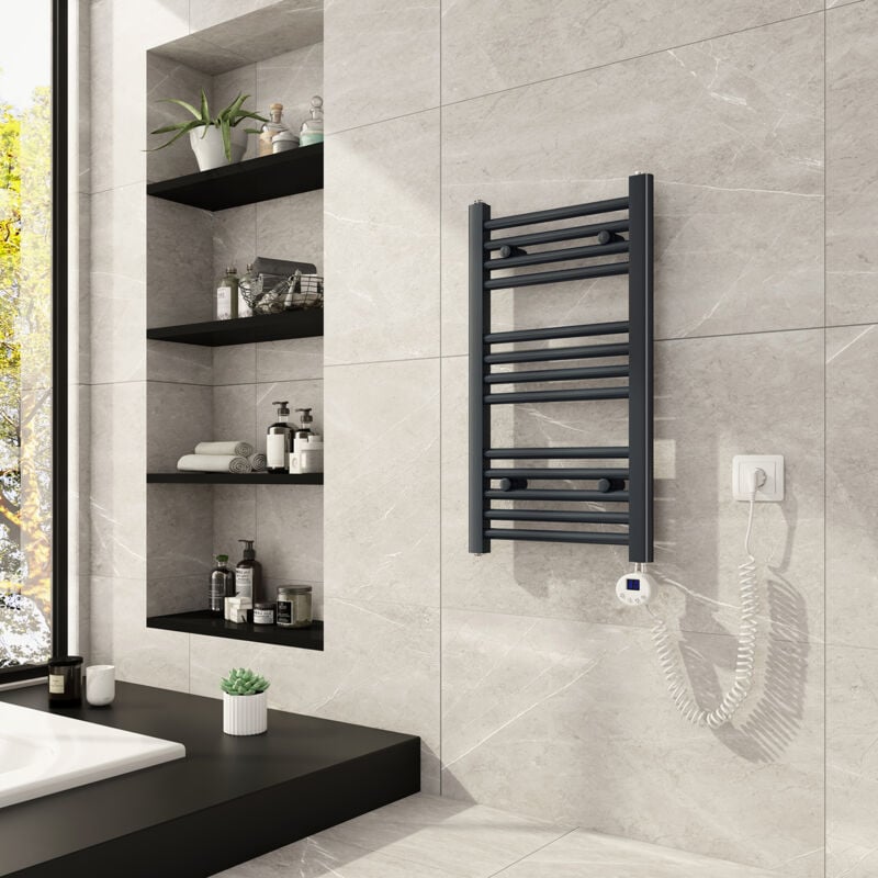 Sèche-serviette électrique Radiateur Anthracite 238W, Sèche-serviettes Électrique 70x40cm, avec lcd Affichage chauffé élément - Meykoers
