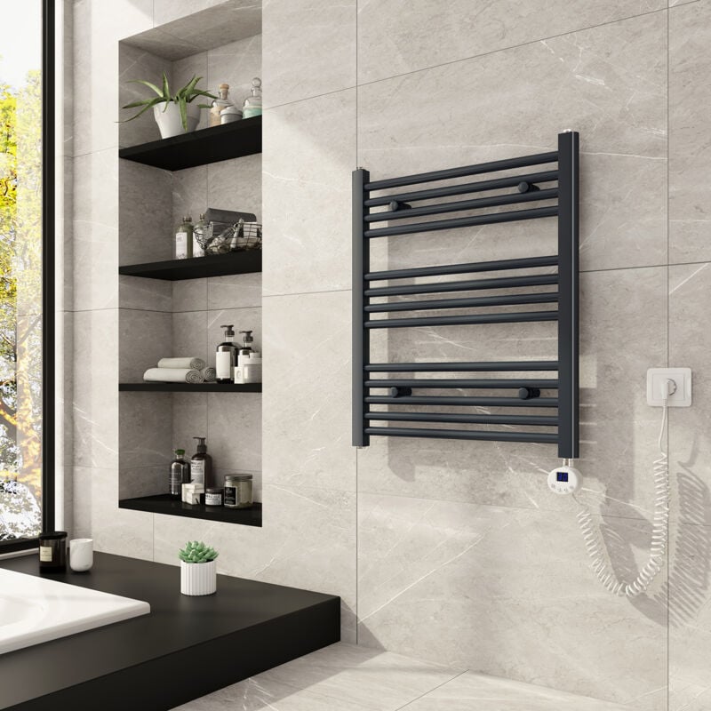 Sèche-serviette électrique Radiateur Anthracite 330W, Sèche-serviettes Électrique 70x60cm, avec lcd Affichage chauffé élément - Meykoers