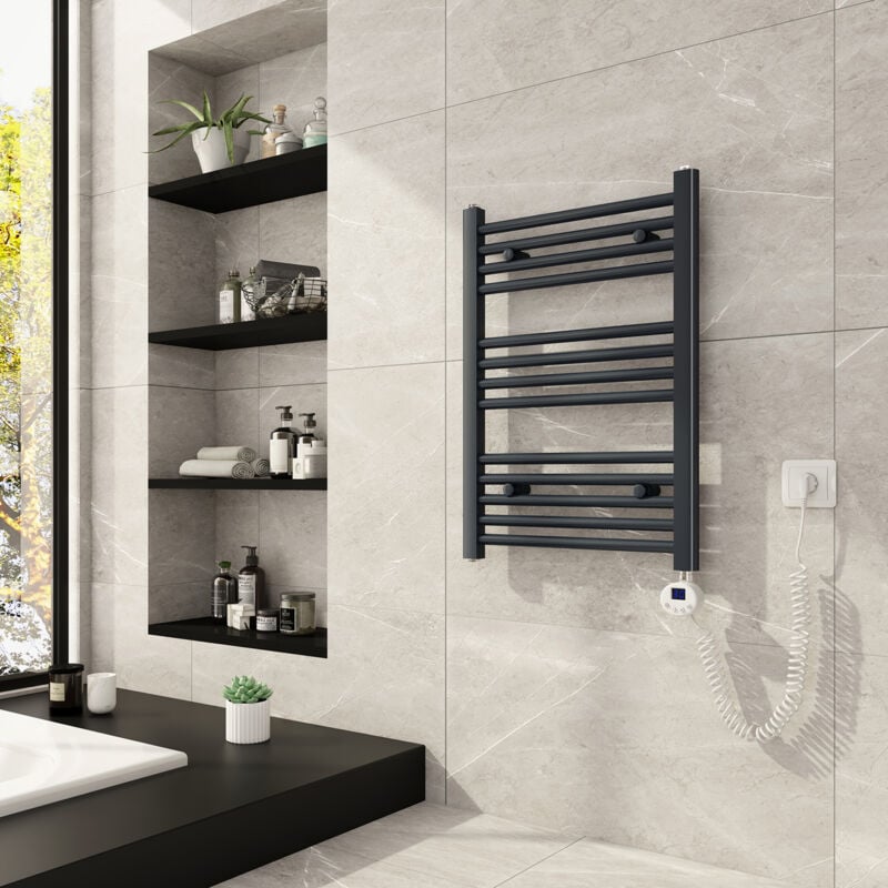 Sèche-serviette électrique Radiateur Anthracite 284W, Sèche-serviettes Électrique 70x50cm, avec lcd Affichage chauffé élément - Meykoers