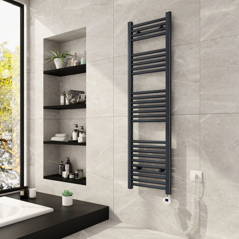 Sèche-serviette électrique Radiateur Anthracite 476W, Sèche-serviettes Électrique 140x40cm, avec lcd Affichage chauffé élément - Meykoers