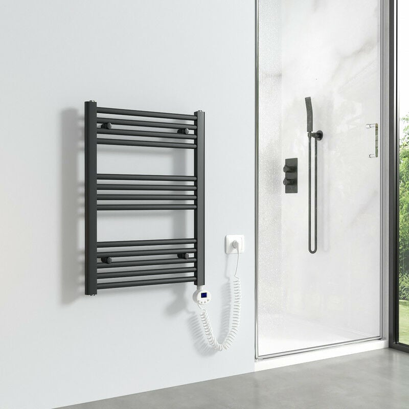 Sèche-serviettes électrique avec élément chauffant thermostat 284W, Anthracite radiateur électrique sèche-serviettes 70x50cm - Meykoers