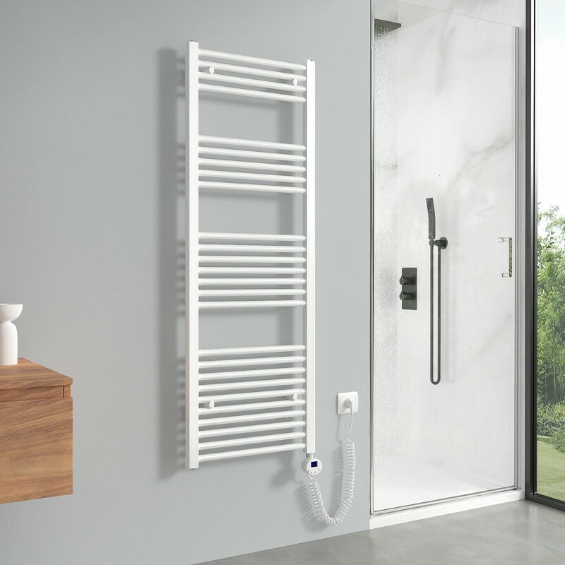 Meykoers sèche-serviettes électrique avec élément chauffant thermostat 568W, blanc radiateur électrique sèche-serviettes 140x50cm