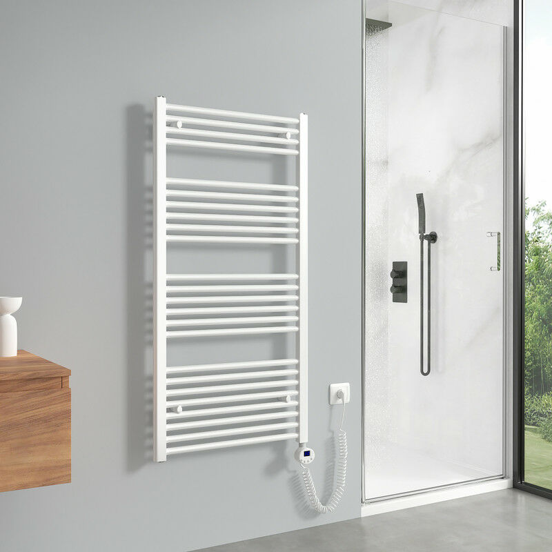 Meykoers sèche-serviettes électrique avec élément chauffant thermostat 600W, blanc radiateur électrique sèche-serviettes 120x60cm