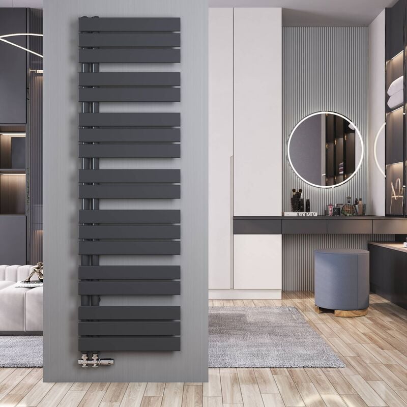 Sèche-serviette eau chaude 1662x500mm Radiateur Anthracite plates Asymétrique sèche-serviettes - Design latérale, 849 Watts - Meykoers