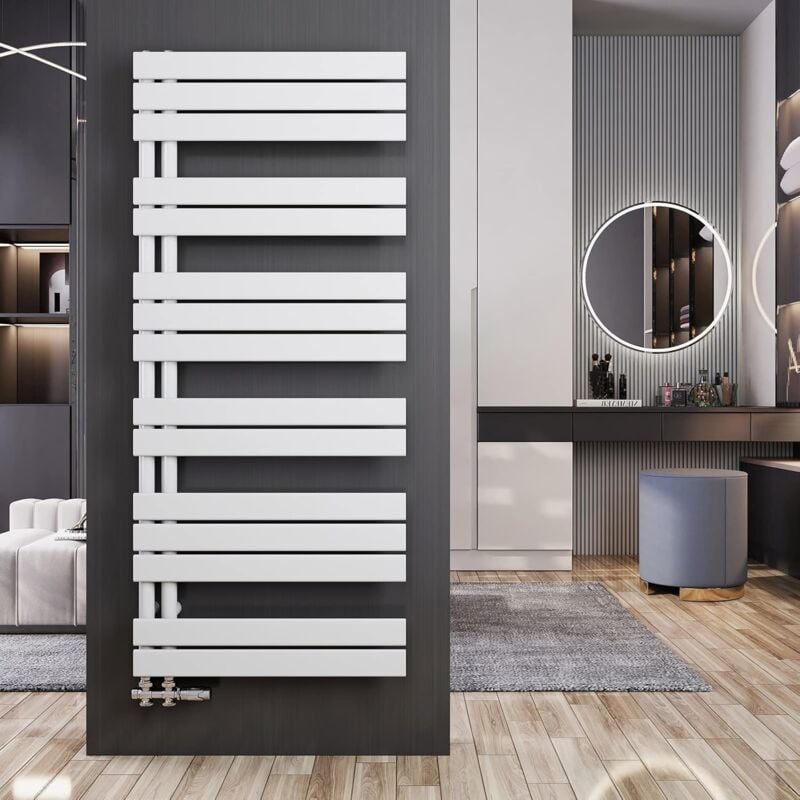 Meykoers Sèche-serviette eau chaude Radiateur 1385x600mm Blanc Asymétrique plates sèche-serviettes - Ouverture latérale, 798 Watts