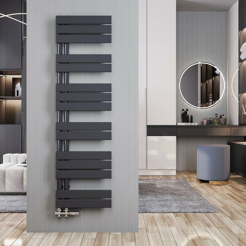 Meykoers Sèche-serviette eau chaude Radiateur 1385x400mm Anthracite Asymétrique plates sèche-serviettes - Ouverture latérale, 598 Watts
