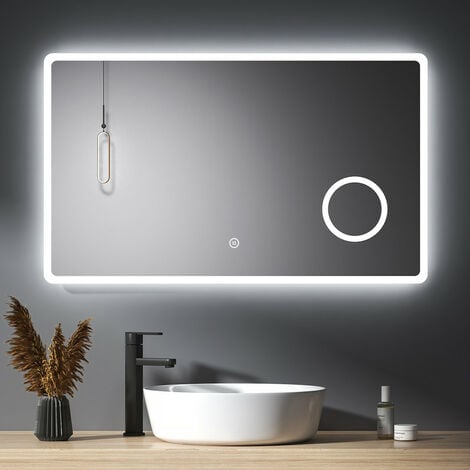 Meykoers Specchio da Bagno con Illuminazione, Retroilluminato Specchio Bagno 100 x 60 cm con Ingrandimento 3X + Interruttore touch