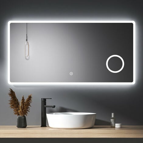 Meykoers Specchio da Bagno con Illuminazione, Retroilluminato Specchio Bagno 120 x 60 cm con Ingrandimento 3X + Interruttore touch