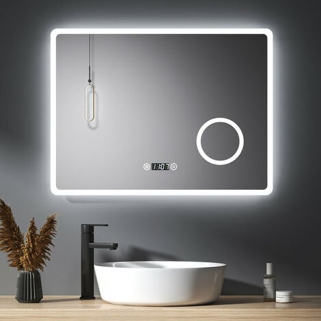 Meykoers Specchio da Bagno con Illuminazione, Retroilluminato Specchio Bagno 80 x 60 cm con Antiappannamento + Orologio + Interruttore touch + Ingrandimento 3X
