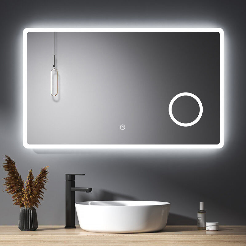 Specchio da Bagno con Illuminazione, Retroilluminato Specchio Bagno 100 x 60 cm con Ingrandimento 3X + Interruttore touch - Meykoers