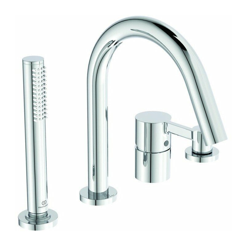 

Ideal - Mezclador de bañera de 4 orificios de borde JOY con caño cromado con ducha de mano de bastón y desviador STANDARD