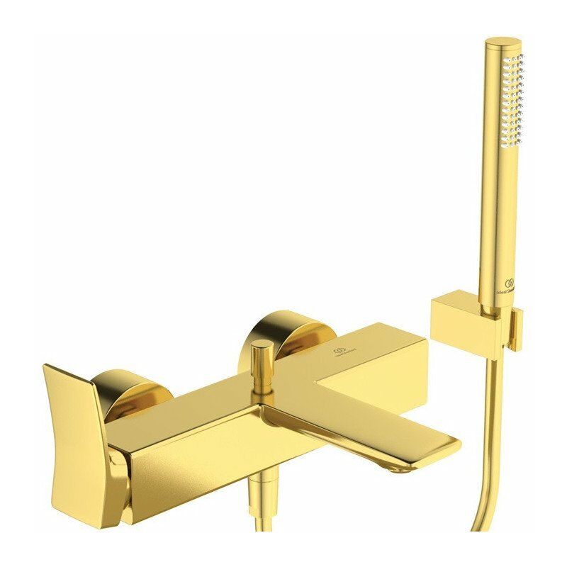 

Ideal - Mezclador de baño CHECK dorado cepillado con varilla-HB, flexo de ducha, soporte de pared STANDARD