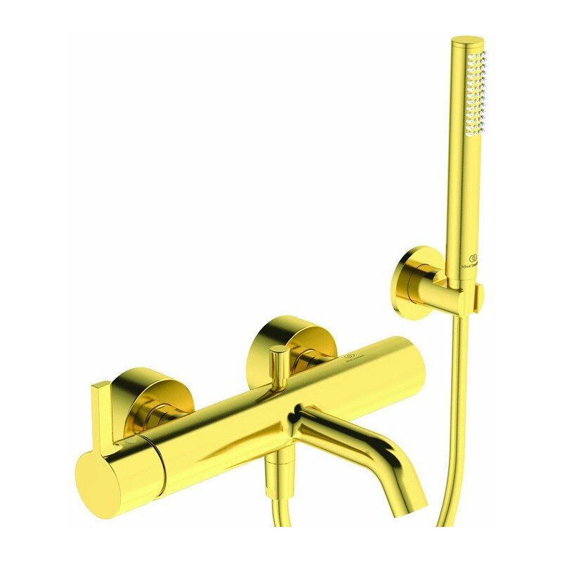 

Ideal - Mezclador de baño JOY con ducha de mano de bastón flexo de ducha dorado cepillado y soporte de pared STANDARD