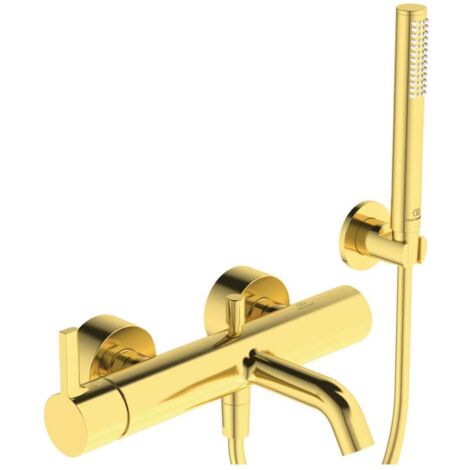 Mezclador de baño JOY con ducha de mano de bastón flexo de ducha dorado cepillado y soporte de pared IDEAL STANDARD