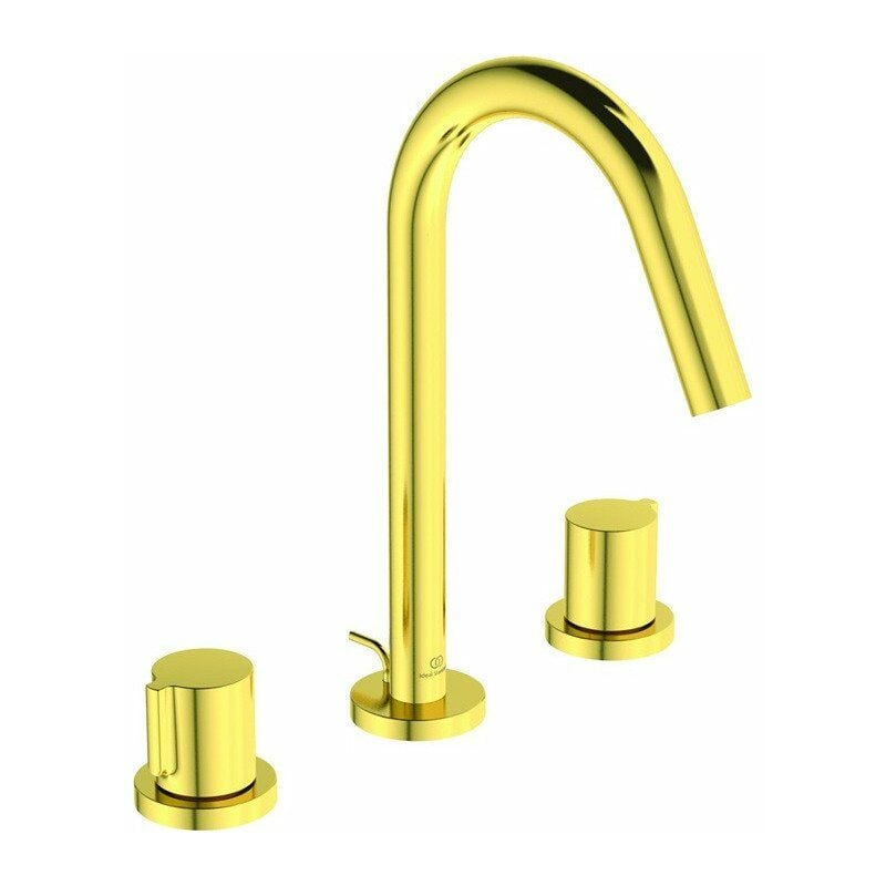 

Ideal - Mezclador de lavabo con 3 orificios JOY, saliente 127 mm, oro cepillado con desagüe automático STANDARD