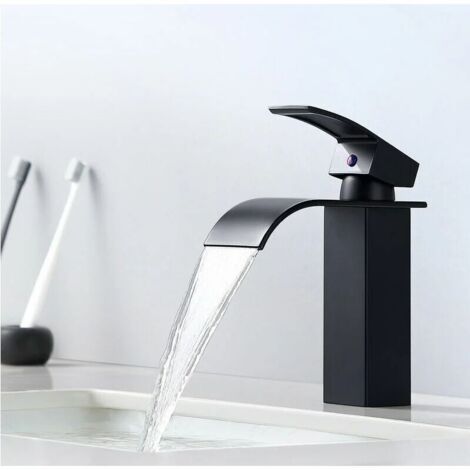 Mezclador de lavabo de cascada negro moderno de 1 pieza – mezclador de baño – para lavabos bajo encimera –