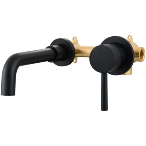 Mezclador de lavabo de pared de latón negro de 2 orificios, agua fría y caliente, grifo para fregadero