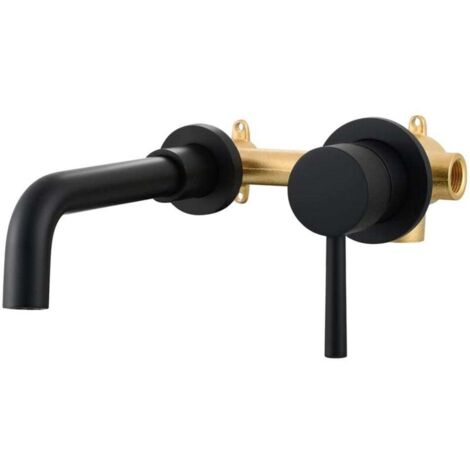 Mezclador de lavabo de pared de latón negro de 2 orificios, agua fría y caliente, grifo para fregadero