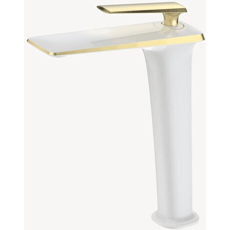 KROOS® Mezclador monomando alto de lavabo Blanco y Oro - Brittia