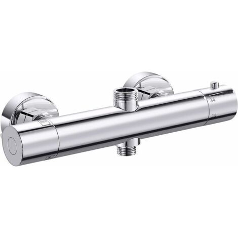 Mezclador termostático de ducha, grifo cilíndrico de ducha termostático de doble salida, conexión superior G3/4 BSP (26,4 mm) + conexión inferior G1/2 BSP (21 mm), color plateado