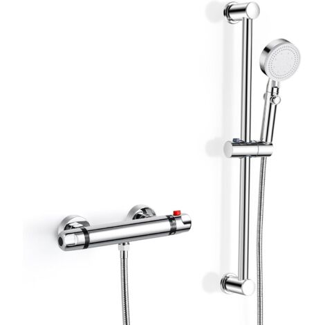 Mezclador termostático de ducha, juego de ducha con mezclador termostático de pared con barra de ducha ajustable de 635 mm, ducha de mano de 5 chorros, manguera de 1,5 m, G 1/2", cromo
