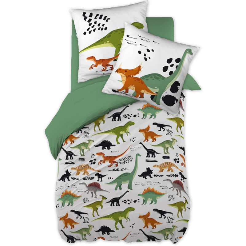 Mezo - Parure de Lit Coton Motif Dinosaures Housse de Couette 140x200cm + Taie d'Oreiller