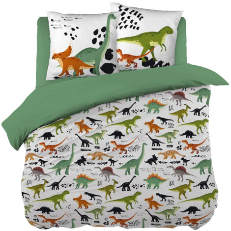 MEZO - Parure de Lit Coton Motif Dinosaures Housse de Couette 200x200cm + 2 Taies d'Oreiller
