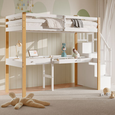 PERGAR Mezzanine-Bett mit Schreibtisch, 2-Sitzer-Mezzanine-Bett, Treppen-Mezzanine-Bett, 90x200 Kinderbett mit Regal und Tisch, Stauraum, Treppe, Holz, Weiß