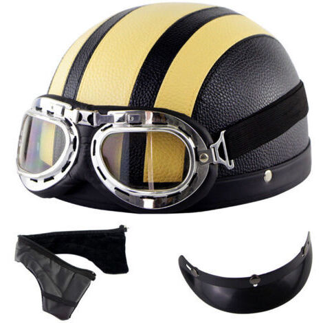 Mezzo casco da motociclista in pelle vintage nera e gialla con occhiali