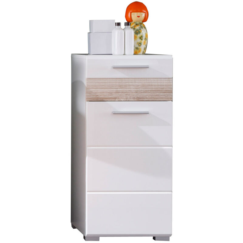 Mezzo Meuble de rangement pour salle de bain, blanc, blanc brillant, imitation chêne clair.