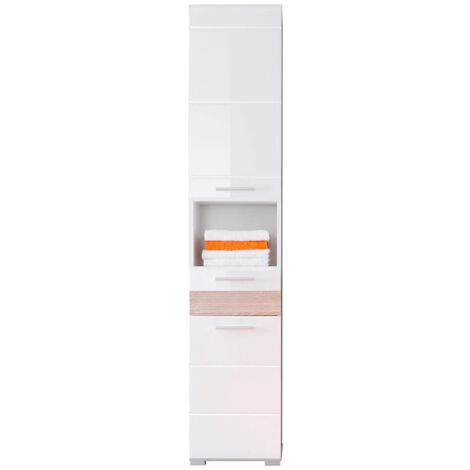 MezzoBad Armoire de toilette haute avec 2 portes, 1 tiroir, 1 compartiment ouvert, blanc, blanc brillant, imitation chêne.