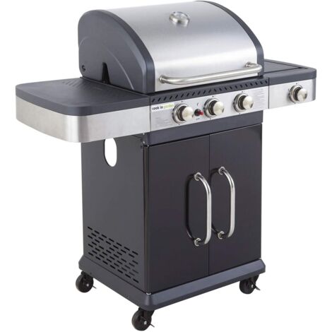 MF - Barbacoa de Gas FIDGI 3 Quemadores + Lateral - Parrilla y Plancha Hierro Fundido - Termómetro - Armario y Ruedas - 10 Comensales