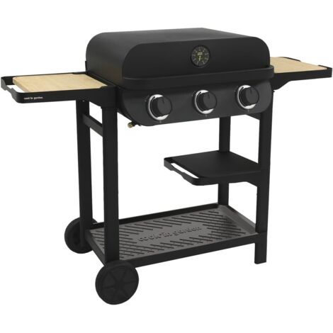 MF - Barbacoa de Gas FLAVO 60 - Plancha y Parrilla Hierro Fundido - 3 Quemadores - Termómetro - Estantes Modulares - Para 10 Comensales
