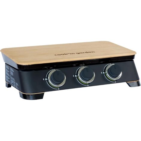 MF - Plancha de Gas DUNE 70 - 3 Quemadores - Hierro Fundido Esmaltado - Tapa Tabla de Cortar Bambú - Recogegrasa - Hasta 12 Comensales
